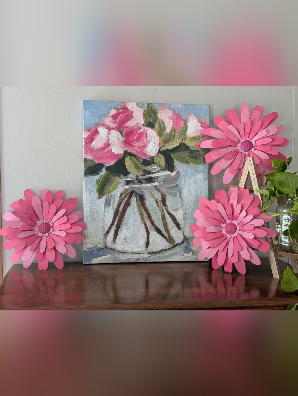 4️⃣ Piece Decor Set | 20"x18" Flower Art | 3️⃣ Pink Metal Flowers 11" 🌸
